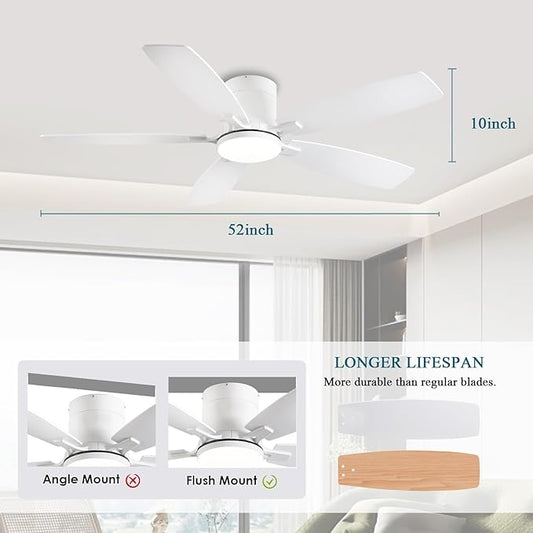 Ayaoty Ceiling Fans with Lights, 52 inch Low Profile Ceiling Fan with Light and Remote Control, Flush Mount, Reversible Motor, Dimmable, Noiseless, White Ceiling Fan for Bedroom, Indoor/Outdoor Use