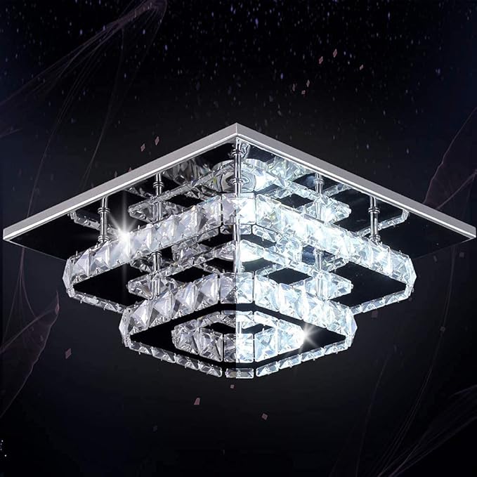 Finktonglan 9.8" Square Crystal Flush Mount LED Ceiling Light, Cool White 6500K, K9 Crystal Mirror Base, Close-to-Ceiling, Non-Dimmable, 85–260V