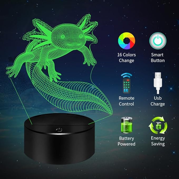 BASSI Axolotl Gifts 3D Axolotl Night Light 3D Illusion Lamp, 16 Colors Changing with Remote Kids Bedroom Decor, Birthday for Boys Girls