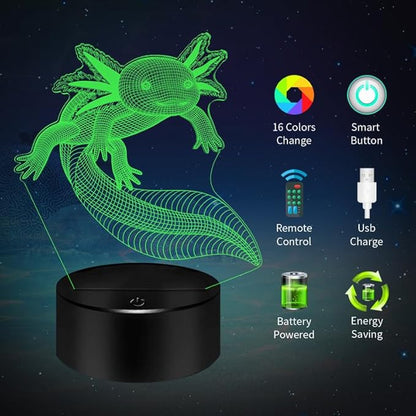 BASSI Axolotl Gifts 3D Axolotl Night Light 3D Illusion Lamp, 16 Colors Changing with Remote Kids Bedroom Decor, Birthday for Boys Girls