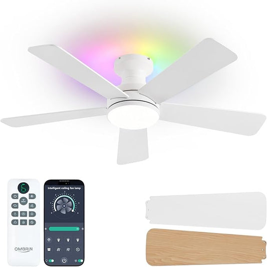 42 Inch Ceiling Fan with Lights, RGB Ceiling Fan with Light, App & Remote Control, Flush Mount Low Profile, Reversible, 3CCT, Dimmable LED, Noiseless, White Ceiling Fan for Bedroom
