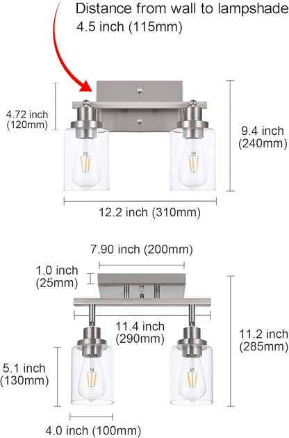 MELUCEE 2 Light Rotatable Track Lighting Kit Spotlight Semi Flush Mount Ceiling Light, Brushed Nickel Bathroom Lights Wall Scone for Hallway Porch Foyer Bath Storage, Clear Glass Shade