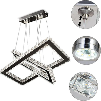 Finktonglan Modern Crystal Chandelier, Rectangular Double Ring LED Pendant Light, 6000K Cool White Non-Dimmable, Height Adjustable Hanging Light Fixture for Dining Room Living Room Bedroom