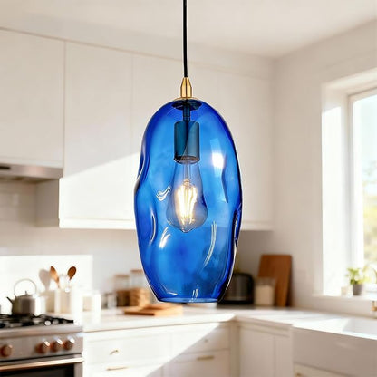Blue Pendant Light Fixtures Adjustable 12.5'' Height Modern Kitchen Island Lighting Glass Organic Ceiling Hanging Light Fixtures for Bar, Counter, Patio, Over Sink, Dining Room,Table - Blue