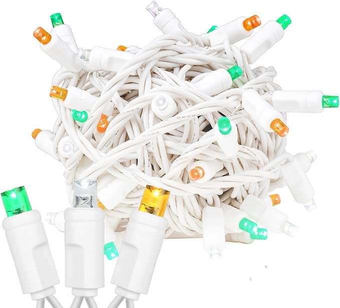 Novelty Lights 25ft Christmas String Lights, 50 Green/Pure White/Orange LED Bulbs on White Wire, 6" Spacing, Connectable Indoor Outdoor Commercial Grade Lighting for Holidays Patio Weddings