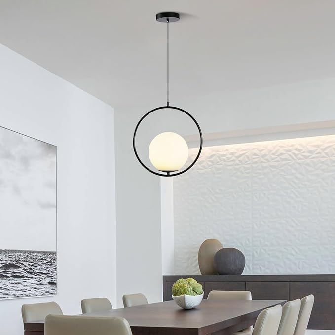 Vintage Pendant Light 1-Light Black Glass Globe Ceiling Pendant Lamp Chandelier Oval Shape Hanging Pendant Light Fixtures for Bedroom Living Dining Room Kitchen (Round(25cm))