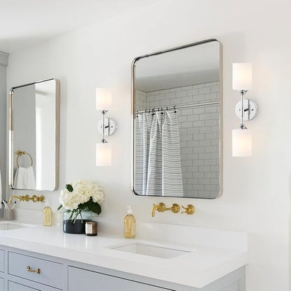 BYOLIIMA 2-Lights Modern Wall Sconce White Cylinder Glass Shades Mid Century Bathroom Vanity Wall Light Fixtures Industrial Wall Lamp for Bedroom Mirror Living Room Restaurant(Chrome Color)