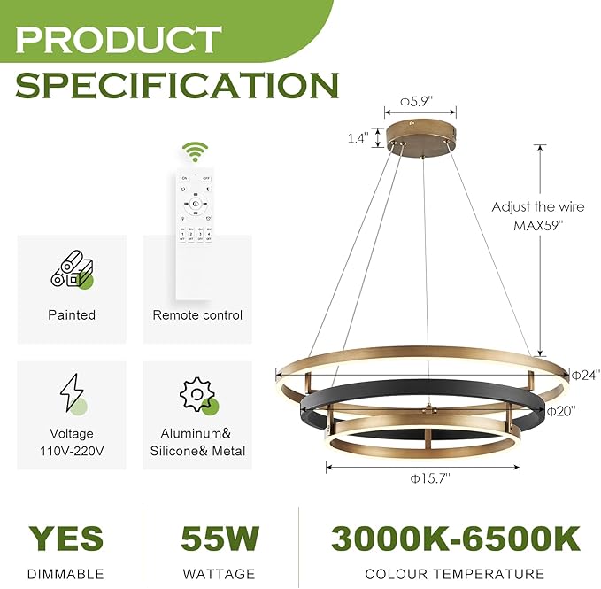 Benkut Modern LED Chandelier Black Gold Dimmable 3 Ring Pendant Light for Dining Room, Kitchen Chandelier Circular with Remote Control Flush Mount High Ceiling Light for Living Room, 3000K-6500K