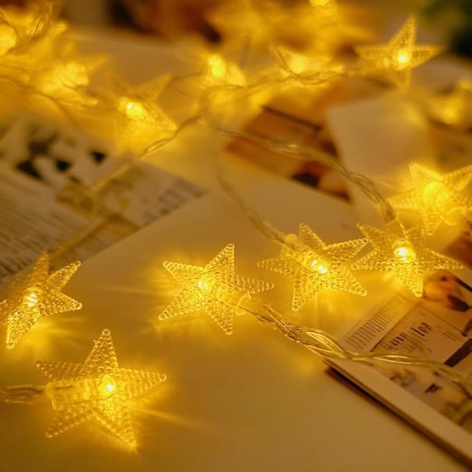 2 Pack Star String Lights - 17 Ft 50 LED Fairy Christmas Lights Battery Operated, Indoor Outdoor Waterproof Star Twinkle Light for Bedroom Tent Loft Bed Party Camping Decor