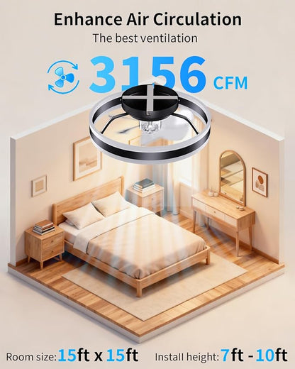 RGB Ceiling Fan with Lights, Low Profile Ceiling Fans with Lights and Remote, Flush Mount LED Fan Light, Modern Bladeless Fandelier for Bedroom Works with APP, 16IN Black