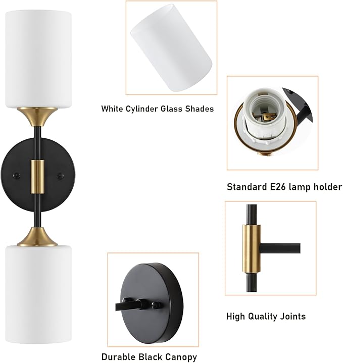 BYOLIIMA Industrial Mid Century Wall Sconce 2-Lights with White Cylinder Glass Shades Modern Bathroom Vanity Wall Lamp Matte Black and Gold Brushed Brass Finished Wall Light Fixture