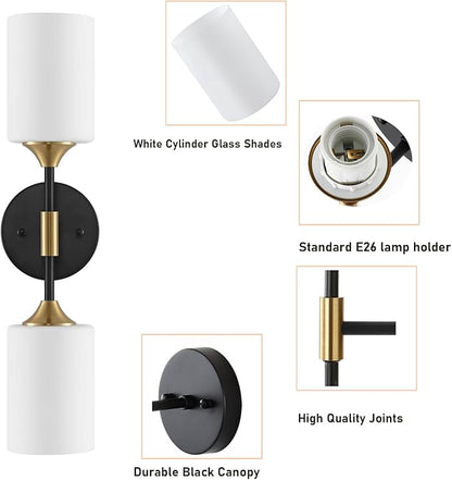 BYOLIIMA Industrial Mid Century Wall Sconce 2-Lights with White Cylinder Glass Shades Modern Bathroom Vanity Wall Lamp Matte Black and Gold Brushed Brass Finished Wall Light Fixture