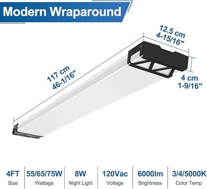 DAKASON 4FT LED Shop Lights for Garage Ceiling with Night Lighting, 48in LED Wraparound Light 75/65/55W 3/4/5000K Selectable, LED Ceiling Light Surface Mount for Office Workshop 4Pack
