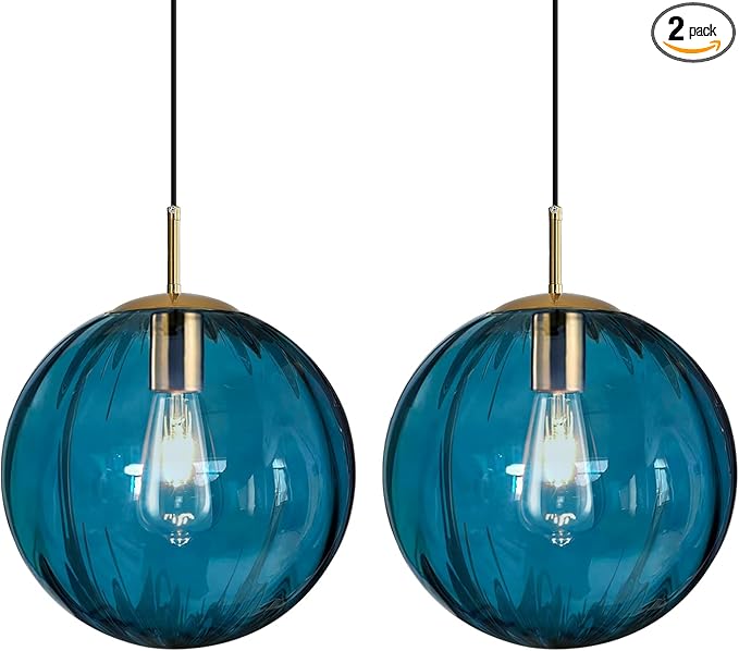 Modern Blue Glass Pendant Light, Kitchen Island Lighting 2-Pack Globe Pendant Light Fixtures Century Kitchen Island Pendant Lighting for Bedroom Living Dining Room Light Fixture (Without Bulb)