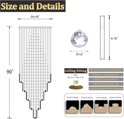 Flashing God 40''x 90'' Gold Large Crystal Chandelier LED Dimming 5-Tier High Ceiling Pendant Light Raindrop Chandeliers for Foyer Staircase Living Room Entryway