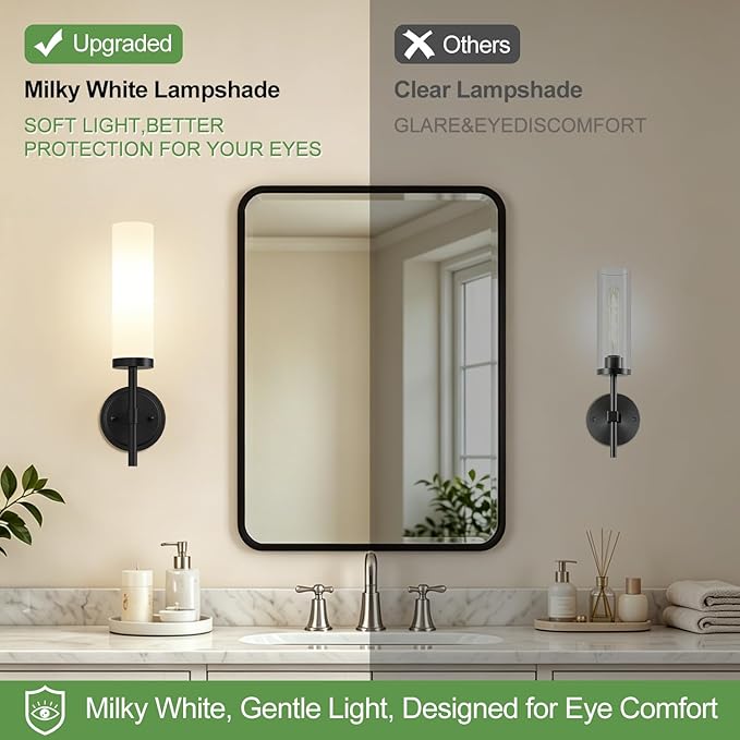 MOKATNG [Hardwired] Wall Sconces Set of Two, Matte Black Bathroom Sconces with Milky White Glass, Modern Wall Light Fixtures for Bathroom Mirror Vanity, Living Room, Hallway, Stairway, Cabinet, Foyer