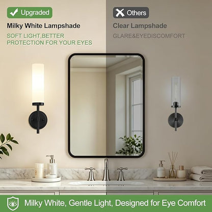MOKATNG [Hardwired] Wall Sconces Set of Two, Matte Black Bathroom Sconces with Milky White Glass, Modern Wall Light Fixtures for Bathroom Mirror Vanity, Living Room, Hallway, Stairway, Cabinet, Foyer