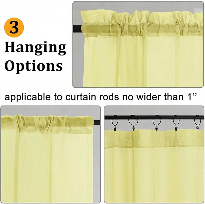 Gwine Short Kitchen Sheer Curtains 36 Inch Length - Light Filtering Voile Small Half Window Curtain for Basement, Rod Pocket Cafe Curtains for Bathroom Cabinet, 42Wx36L Inch, 2 Panels, Lemon