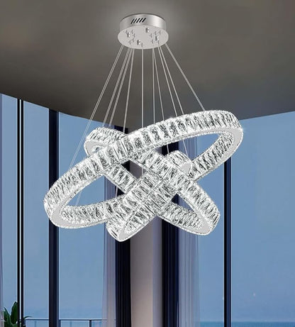 3 Rings Crystal Chandeliers 32"+24"+16" Crystal Ceiling Light Fixture Pendant Lighting Hanging Lamp for Living Room LED Dimmable 3000-6000K