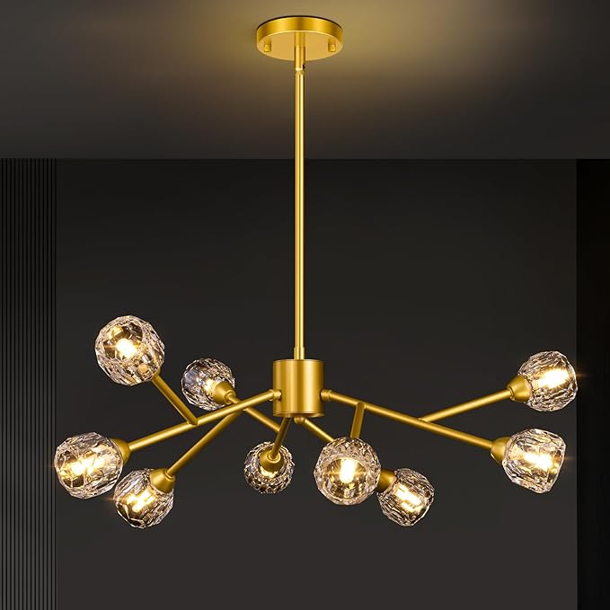 9-Light Sputnik Chandeliers, Gold Dining Room Light Fixture Over Table, Modern Crystal Chandelier, Brass Farmhouse Ceiling Light Fixture Hanging for Kitchen Island Living Room Bedroom Hallway