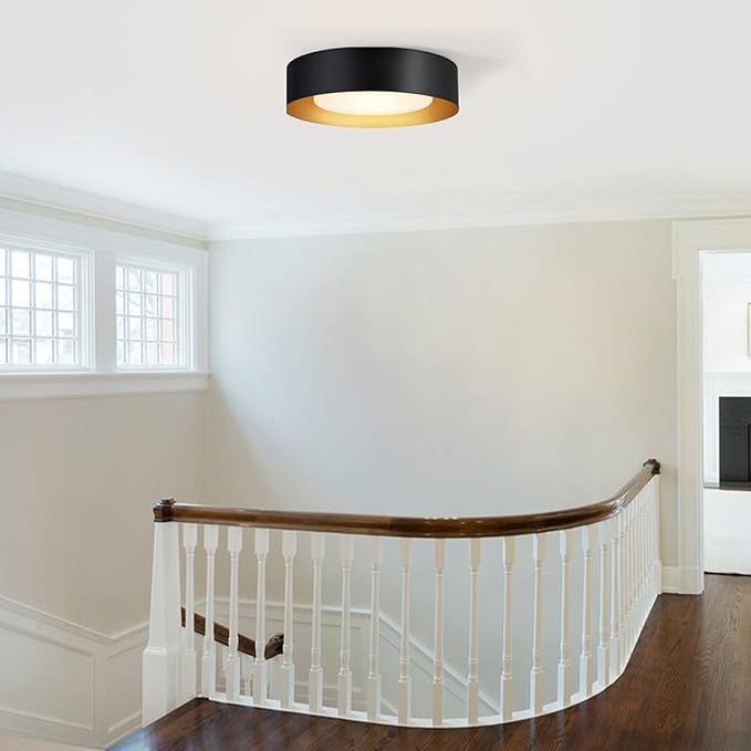 Yiisem Modern Black and Gold Flush Mount Ceiling Lights, 16.5" Minimalist Glass Round Ceiling Lighting, Drum Close to Ceiling Light Fixtures for Living Room, Bedroom, Dining Room, Kitchen, Hallways