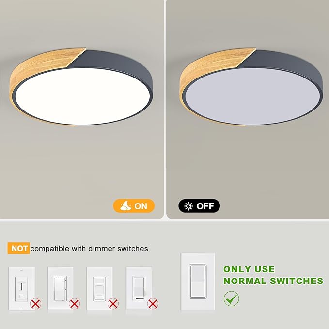 Modern LED Ceiling Light, Minimalist Wood Flush Mount Ceiling Light Fixture, 4000K Not Dimmable, Circle Lighting Lamp with Acrylic Lampshade for Bedroom Dining Room Laundry (Grey, 15.8'')