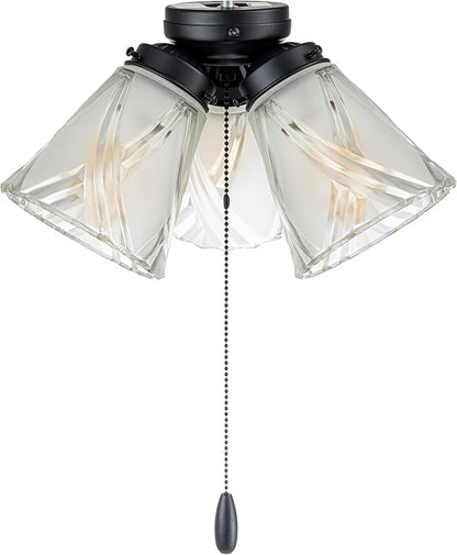 Aspen Creative 22012-3, Three-Light Ceiling Fan Light Kit with Pull Chain, Matte Black Finish with Frosted and Clear Glass Shades, 14" Diameter x 7-3/8" Height