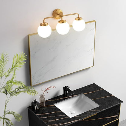 Gold Bathroom Vanity Light Fixtures Over Mirror, 22.4'' Modern Brass 3 Lights Wall Sconce with Milky Glass Ball Shade, Mid Century Farmhouse Vanity Lighting
