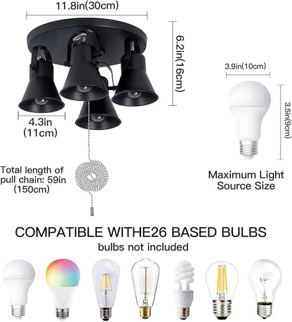 4-Light Industrial Track Lighting with Pull Chain On/Off Switch, Adjustable Round Kitchen Ceiling Light, Morden Black Flush Mount Directional Light for Kitchen, Hallway, Dining Room.