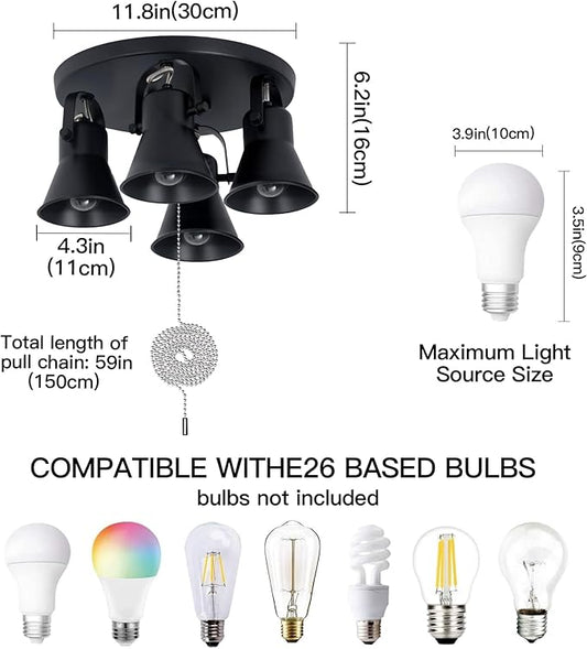 4-Light Industrial Track Lighting with Pull Chain On/Off Switch, Adjustable Round Kitchen Ceiling Light, Morden Black Flush Mount Directional Light for Kitchen, Hallway, Dining Room.
