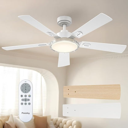 Passky Ceiling Fans with Lights, 52 inch Modern Ceiling Fan with Light and Remote Control, 3CCT, Dimmable, Reversible, Noiseless, White Ceiling Fan for Bedroom, Living Room