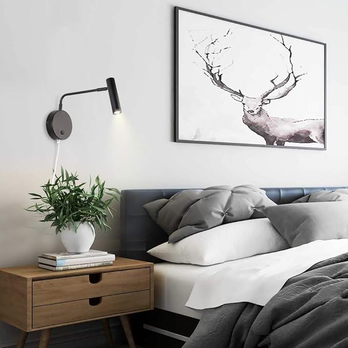 Joossnwell Wall Lights with Plug in Cord, Industrial Wall Lamps for Bedroom with on Off Switch Warm White 3000K Black-1 Pack