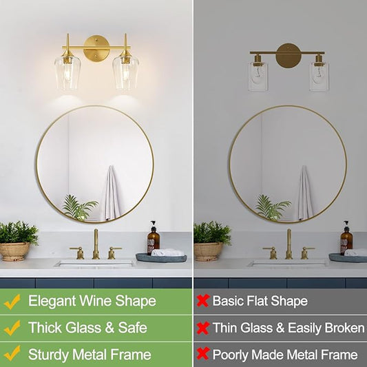 MOKATNG 2-Light Bathroom Light Fixtures, Gold Vanity Lights for Bathroom with Clear Glass, Bathroom Lighting Fixtures Over Mirror, Modern Wall lamp for Cabinet Hallway