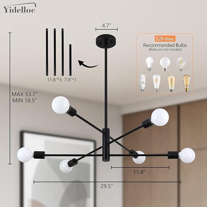 6-Light Modern Sputnik Chandelier, E26 Base Branch Height Adjustable,Mid Century Chandelier Pendant Light for Dining Room Hallway Bedroom Foyer Living Room Kitchen (Bulbs Not Included)
