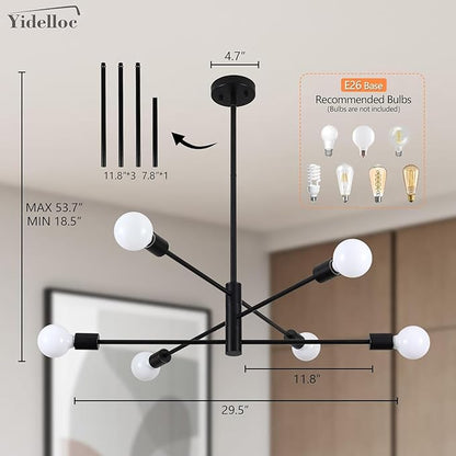6-Light Modern Sputnik Chandelier, E26 Base Branch Height Adjustable,Mid Century Chandelier Pendant Light for Dining Room Hallway Bedroom Foyer Living Room Kitchen (Bulbs Not Included)
