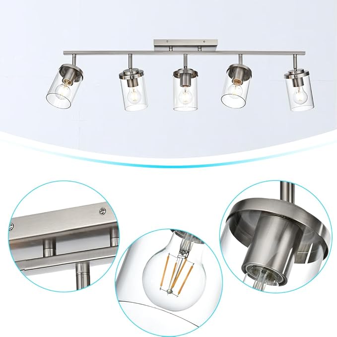 BONLICHT Modern 5-Light Track Lighting Fixture Flush Mount Brushed Nickel Wall Mount Track Lights Kit Industrial Kitchen Ceiling Spot Light Indoor Bathroom Fixture Vanity Lights with Clear Glass Shade