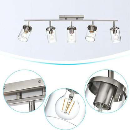 BONLICHT Modern 5-Light Track Lighting Fixture Flush Mount Brushed Nickel Wall Mount Track Lights Kit Industrial Kitchen Ceiling Spot Light Indoor Bathroom Fixture Vanity Lights with Clear Glass Shade