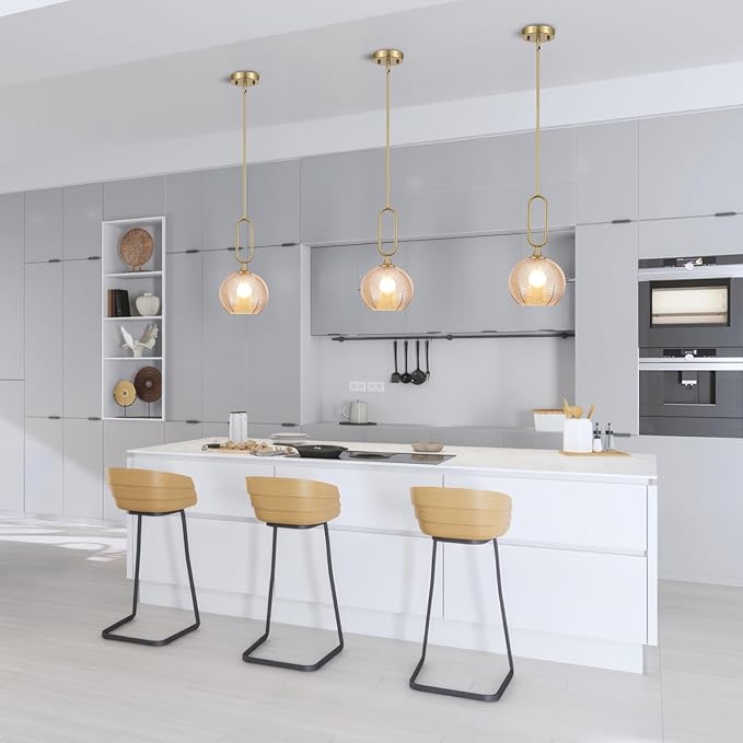 Amber Glass Pendant Light Set of 2 Modern Globe Pendant Lighting Nordic Ribbed Gold Ceiling Hanging Chandelier with Brushed Brass Adjustable Rods Dining Room Kitchen Island Light Fixture
