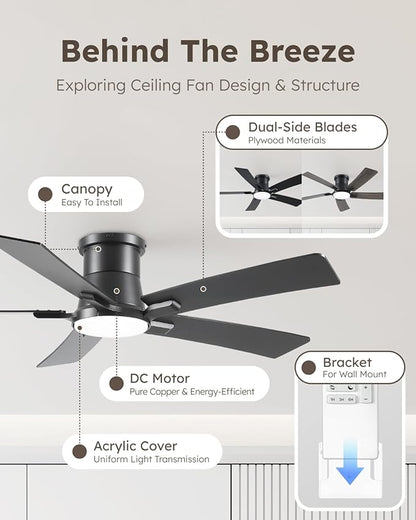 52 Inch Ceiling Fans with Lights and Remote, Black Low Profile Ceiling Fan, Flush Mount Style with 5 Blades, For Indoor Bedroom Living Room/Outdoor, 6 Speed Reversible DC Motor, 3CCT Dimmable LED