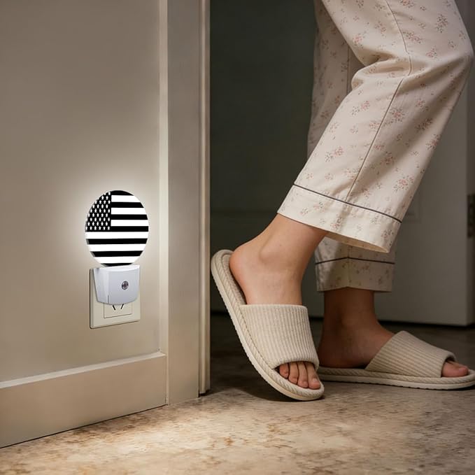 American Flag Black White Night Light Plug Into Wall Auto Led Sleep Round Lamp for Living Room Hallway Stairs