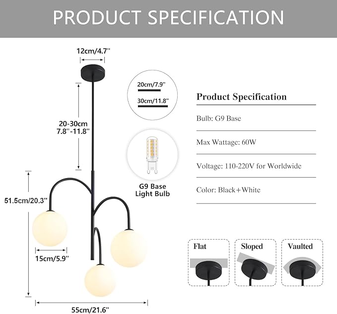 3 Light Milk Glass Chandelier Black Pendant Lights Kitchen Island Mid Century Dining Room Light Fixture Modern Globe Chandeliers for Bedroom Living Room Kitchen