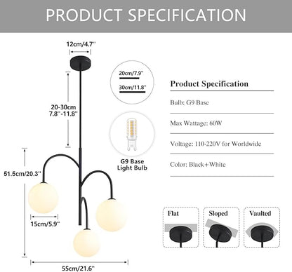 3 Light Milk Glass Chandelier Black Pendant Lights Kitchen Island Mid Century Dining Room Light Fixture Modern Globe Chandeliers for Bedroom Living Room Kitchen