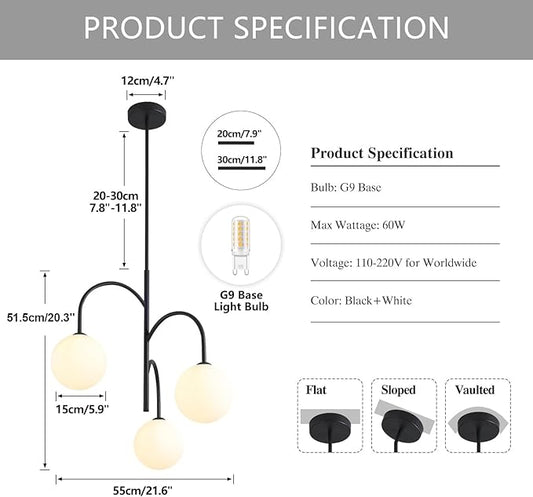 3 Light Milk Glass Chandelier Black Pendant Lights Kitchen Island Mid Century Dining Room Light Fixture Modern Globe Chandeliers for Bedroom Living Room Kitchen