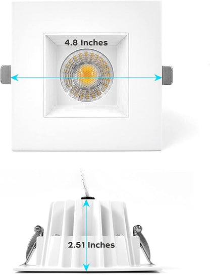LUXRITE 4 Inch Square LED Recessed Lighting with Junction Box, 15W, 1200 Lumens, 3 Color Options 3000K - 5000K, Regressed LED Downlight, 36° Narrow Spotlight, Dimmable, CRI 90, IC Rated, Damp Rated