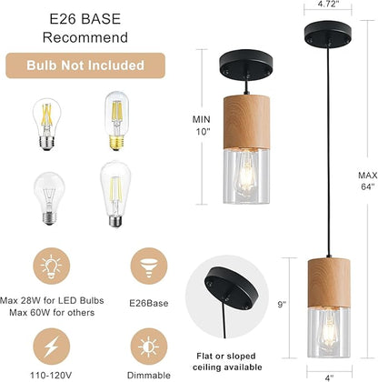 3-Pack Modern Pendant Lights for Kitchen Island, Adjustable Pendant Light Fixtures with Raw Wood Grain, Industrial Clear Glass Pendant Lights for Dining Table Hallway Bedroom Living Room