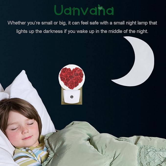 Rose Night Light Rose Flowers in Heart Shape Valentine's Day Night Lights Plug into Wall for Boys Girls, Plug-in Nightlight 0.5W LED Lighting for Stairway Hallway Bedroom