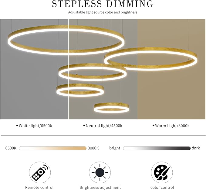 Mikeru Modern 5 Ring Chandelier Light, LED Pendant Light Fixtures with Remote Control 3000k-6500K Adjustable Color Temperature Light for Living Room, Kitchen