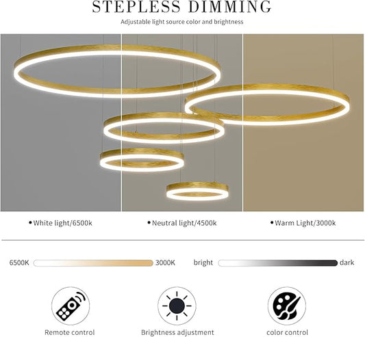 Mikeru Modern 5 Ring Chandelier Light, LED Pendant Light Fixtures with Remote Control 3000k-6500K Adjustable Color Temperature Light for Living Room, Kitchen