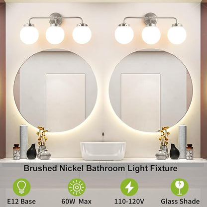 Bathroom Light Fixtures Over Mirror, 22.4'' Brushed Nickel Modern Vanity Lights with Milk White Glass Globe Shades 3-Light Farmhouse Wall Sconce Lighting