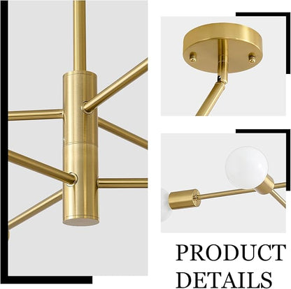 HHR Modern Chandelier Ceiling Light Fixture, 6-Light Brushed Gold Sputnik Chandelier for Kitchen Island Bedroom Living Room, 26-Inch Mid Century Dining Room Light Fixture Over Table, E26